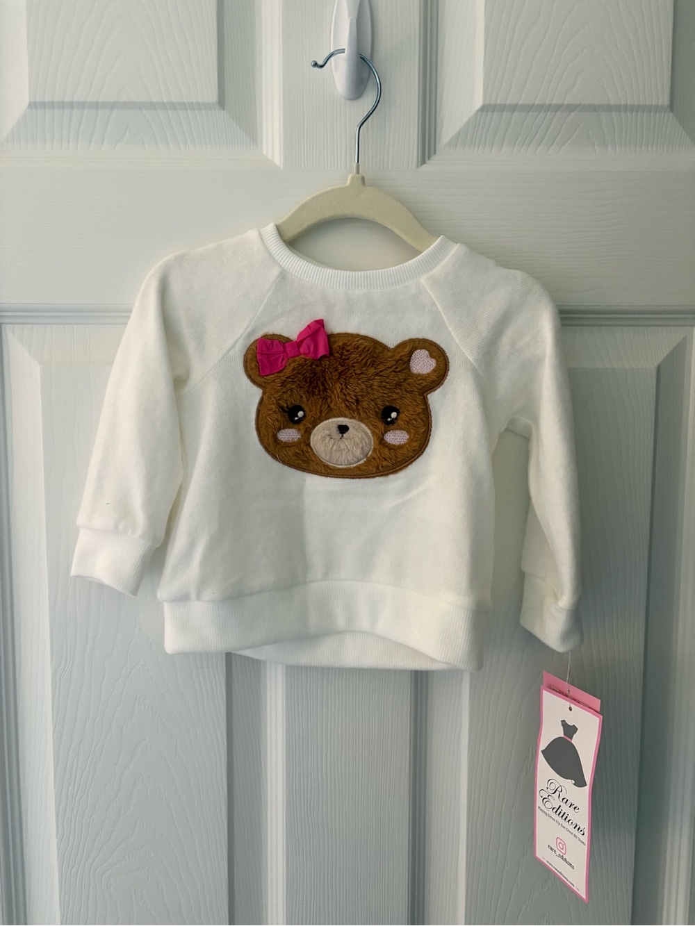 Rare Editions White Pullover Sweatshirt with Brown Bear Applique and Pink Bow
